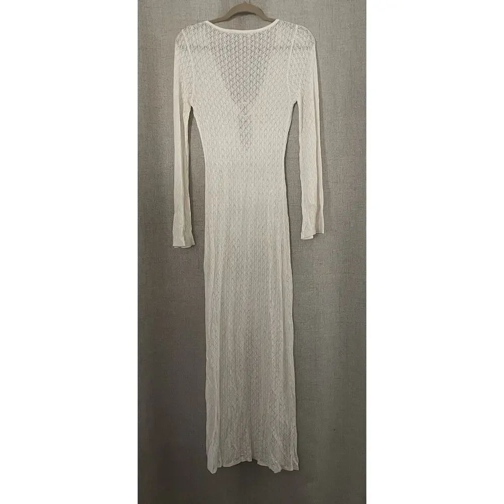 Abercrombie & Fitch Women's Cream Crochet-Style Plunge Maxi Dress Coverup
